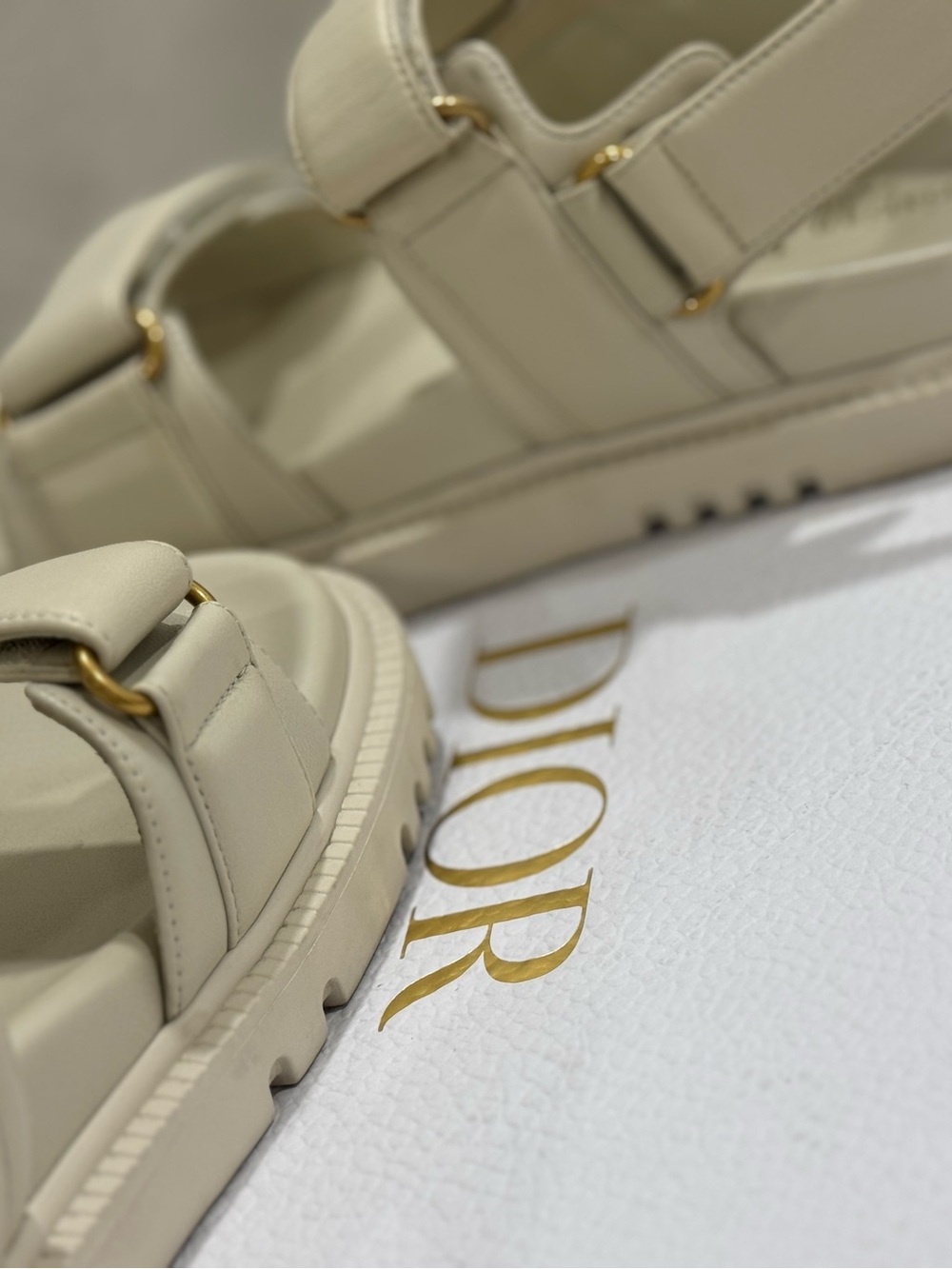 Dior Cream Leather Strap Platform Sandals with Gold Hardware - Picture 2 of 7